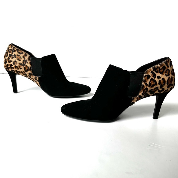 Cole Haan Raquel Suede & Calf-Hair Black and Leopard Print Heeled Ankle Bootie - Picture 3 of 10